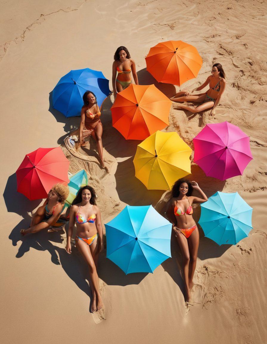 A fashionable beach scene featuring a diverse group of models showcasing various swimwear styles, from intimate apparel to trendy beach attire. The backdrop includes vibrant ocean waves, sand, and colorful beach umbrellas, with sunlight casting fun shadows. The models exude confidence and joy, representing inclusivity and the latest swim fashion trends for 2023. Bright and cheerful colors accentuate the lively atmosphere. super-realistic. vibrant colors. beach setting.